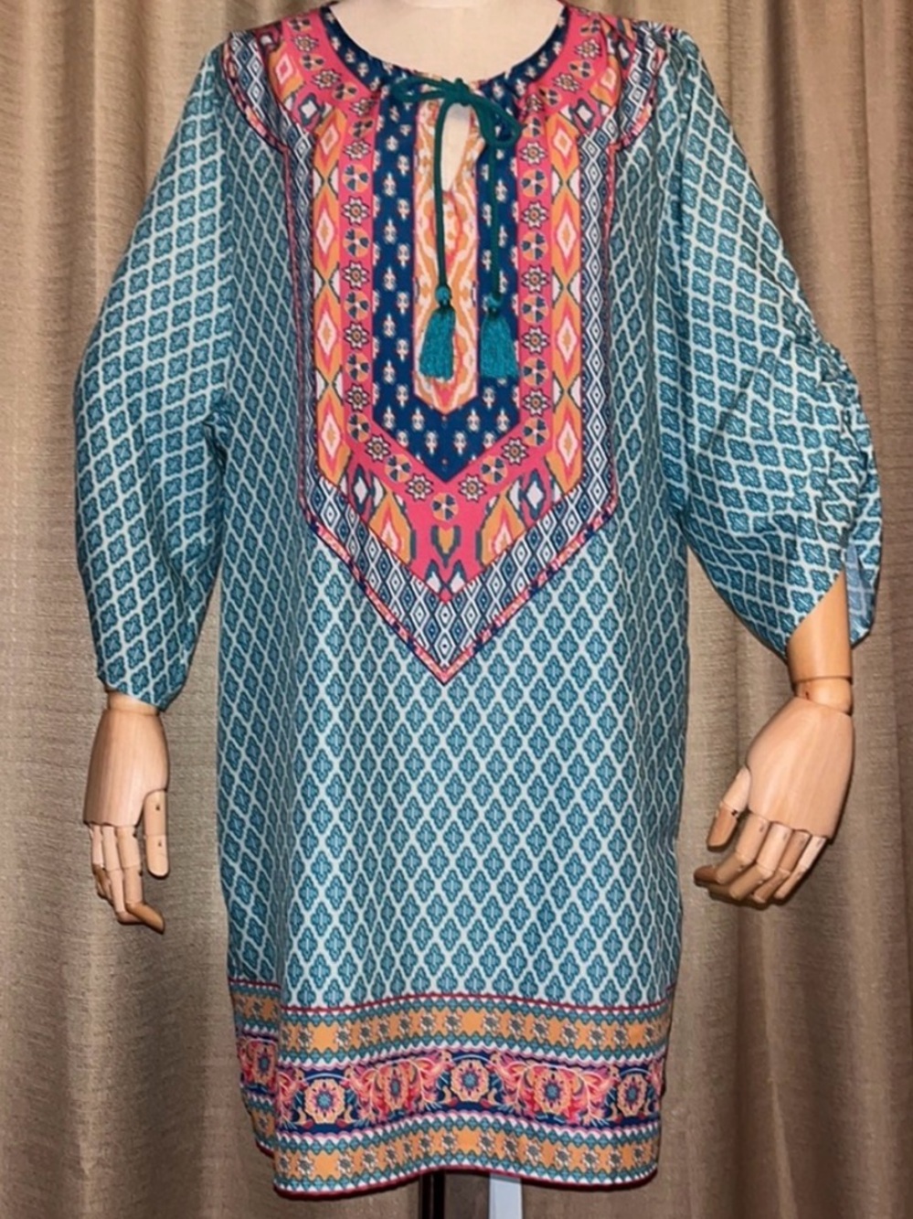 URBAN COCO Multi-Color Boho Tunic Dress Top Ruched 3/4 Sleeves Size XXL